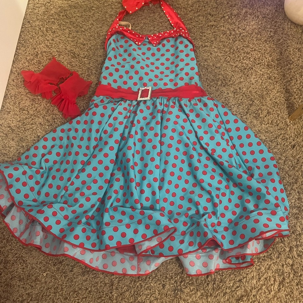 Red and blue polkadot dress with red and clear rhinestones